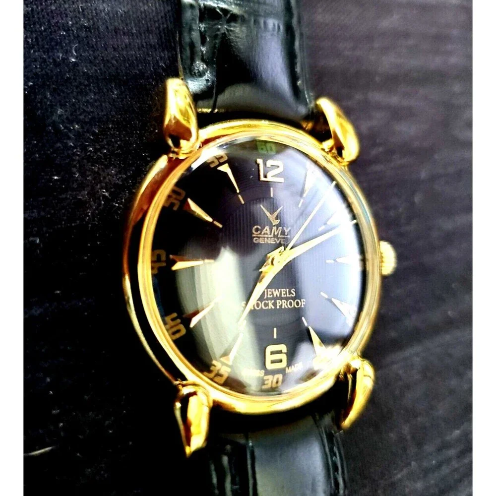 RARE Camy‎ Geneve  Mechanical Swiss Watch Restored Serviced GLD-BLK-BLK